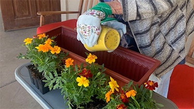 Elderly memory care resident planting a garden on the patio
