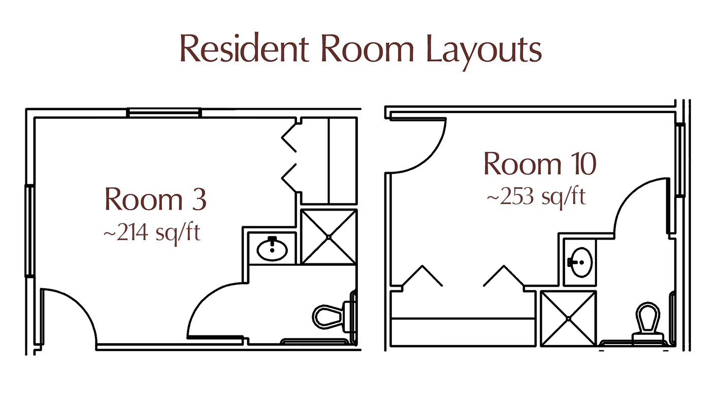 Resident room layouts with square footage