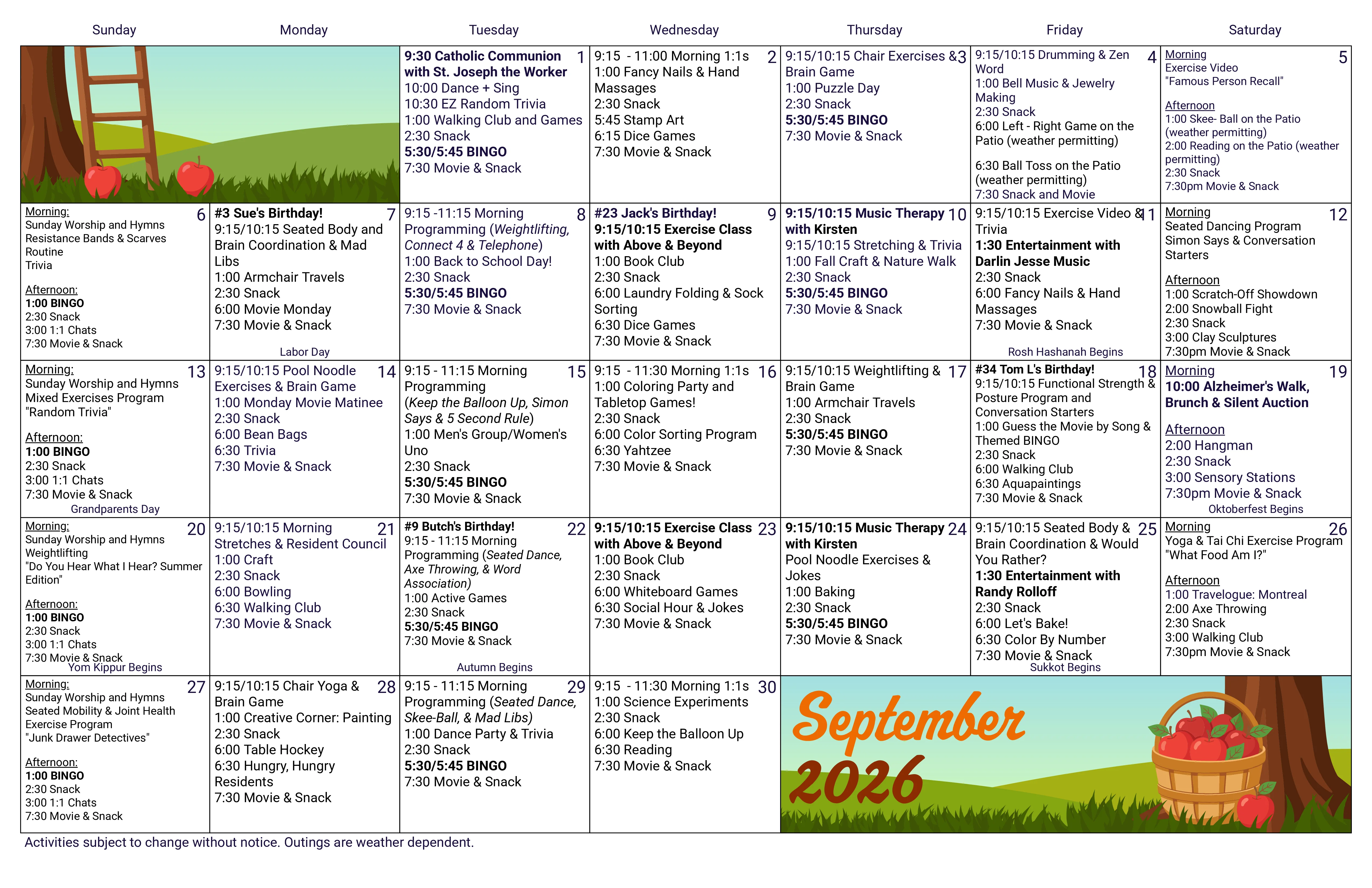 2026 September Activities Calendar