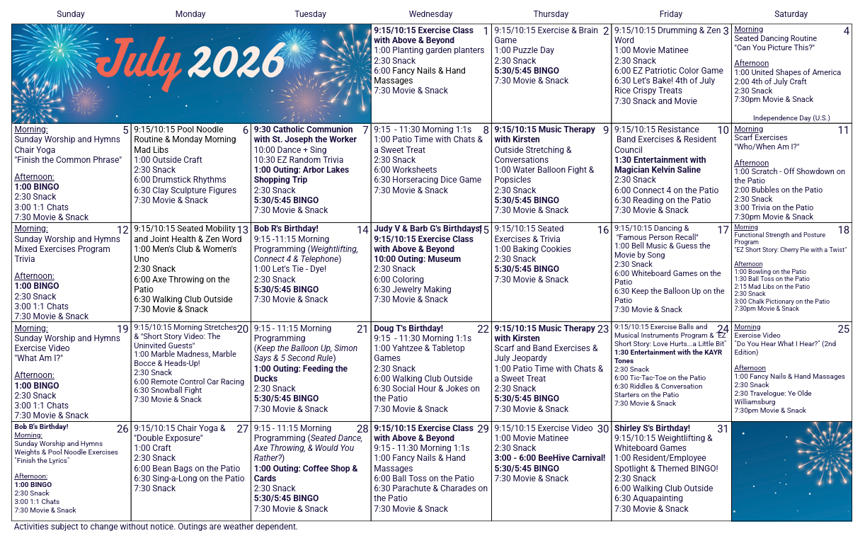 July 2026 Activities Calendar