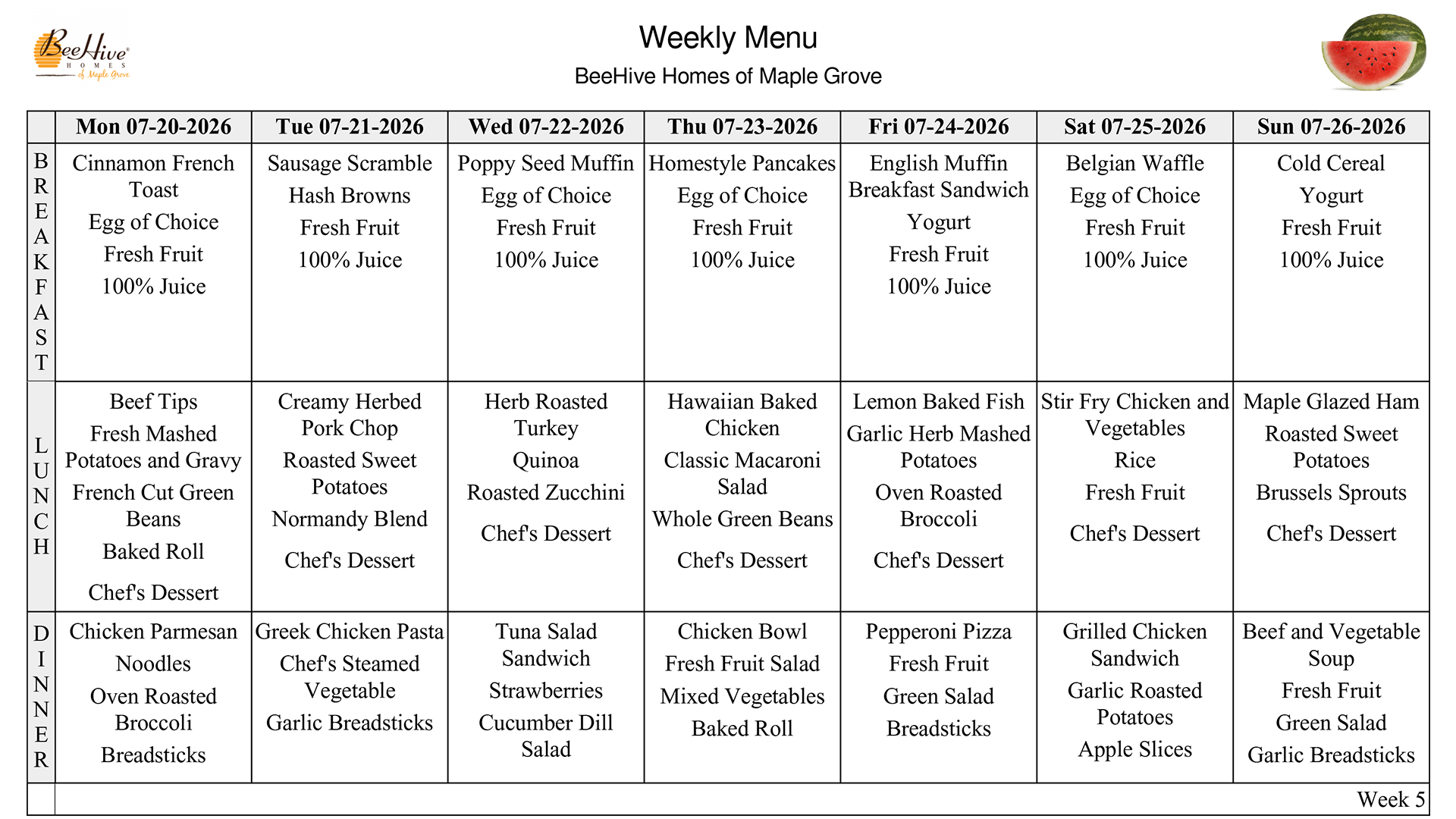 Menu for the week of July 20th, 2026
