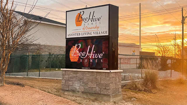 BeeHive Homes of Crownridge completed sign with LED display