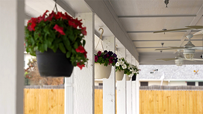 Flowers hang from the rafters of the front porch